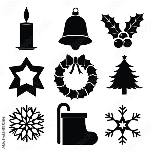 Christmas icons set in black and white festive designs for seasonal holiday decorations