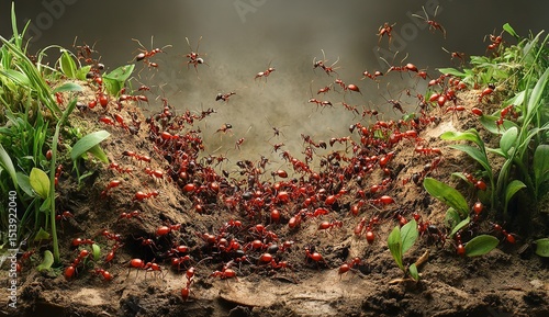 Group of Ants Building Ant Hill in Brown Soil with Green Grass, Including Scattered Red Fire Ants, Nature and Teamwork Concept