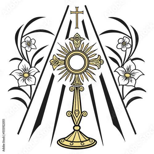 Ornate vector illustration of a monstrance with intricate details gold Catholic Eucharist religious ceremonial symbol