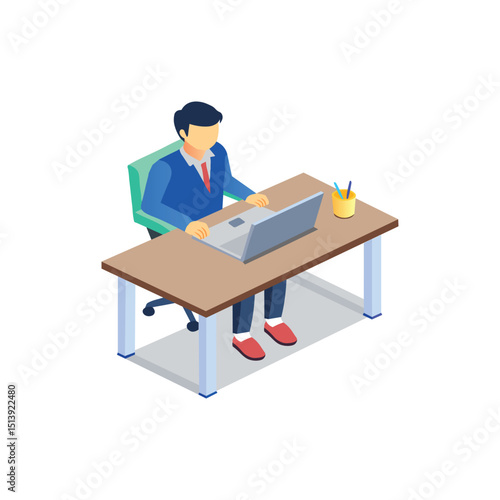 Office Worker at Desk with Laptop Vector Illustration , Eps 10