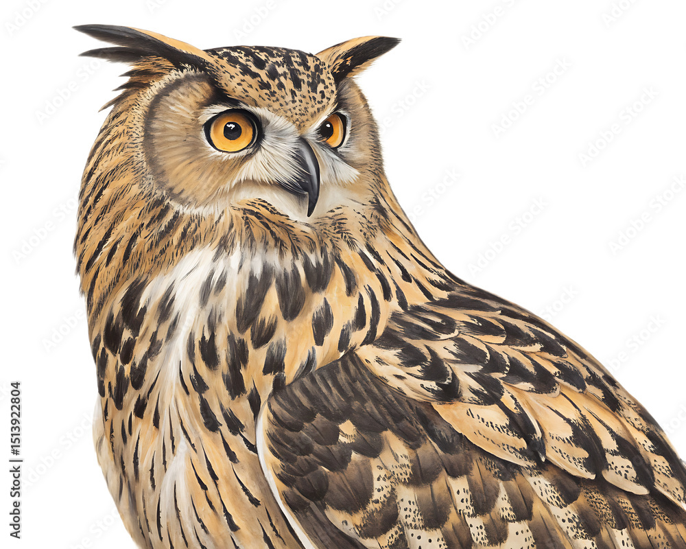Obraz premium A detailed illustration of an owl with striking orange eyes against a black background image