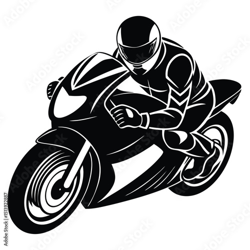 Bold monochrome illustration of a professional motorcycle racer on a sleek superbike