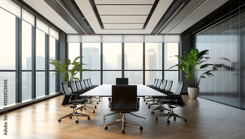 Fototapeta premium Interior of modern conference room with wooden walls, wooden floor and meeting table with black chairs.