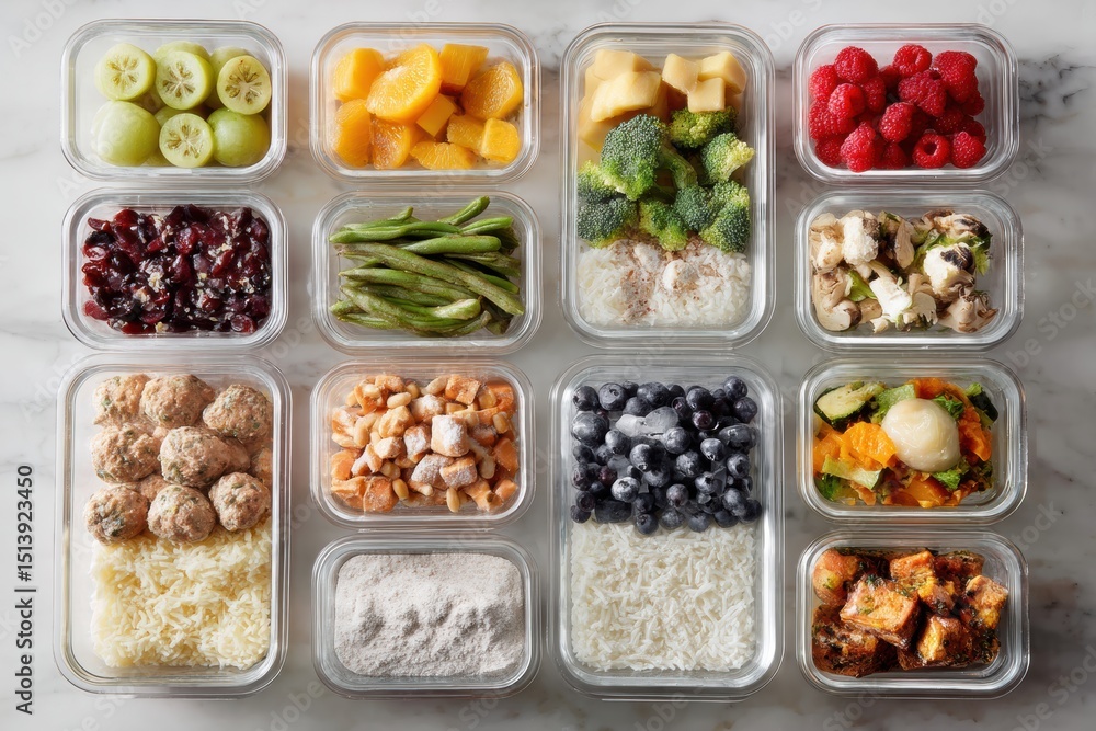 Meal-prepped Frozen Containers Neatly Organized by Day for a Healthy Weekly Plan Meal-prepped Frozen Containers Neatly Organized by Day for a Healthy Weekly Plan