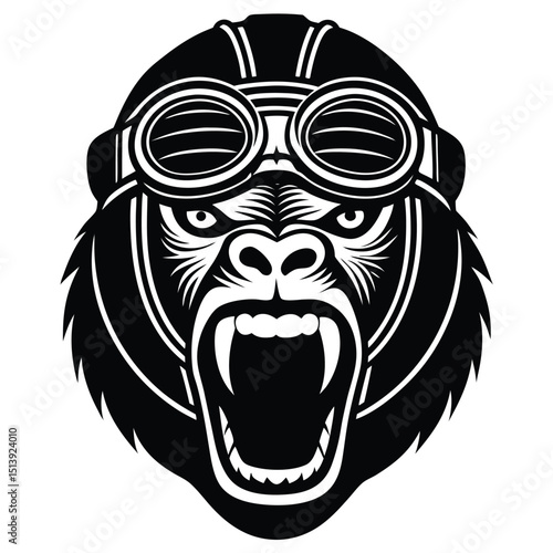 Fierce gorilla head wearing vintage aviator goggles depicted in bold black and white vector art