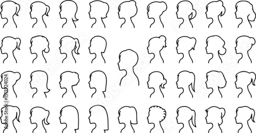 Collection of various female head profiles silhouettes featuring diverse hairstyles in simple black lines