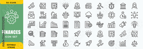 Finance line icons set. Money payments elements outline icons collection. Payments elements symbols. Currency, money, bank, cryptocurrency, check, wallet, piggy, balance, safe - stock vector