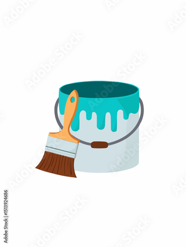 Paint bucket and brush icon, flat renovation vector