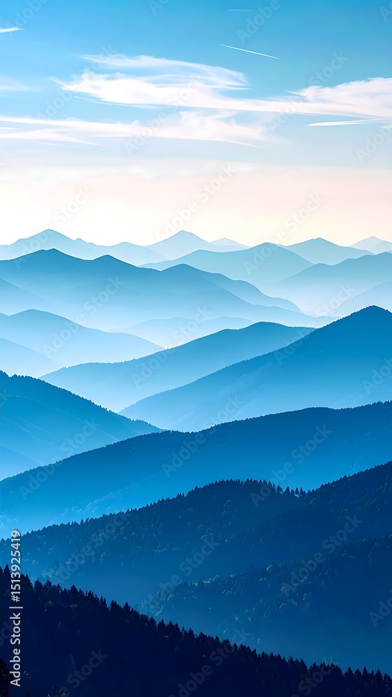 Fototapeta premium Layered mountain ranges are fading into the horizon with atmospheric perspective and cool blue tones