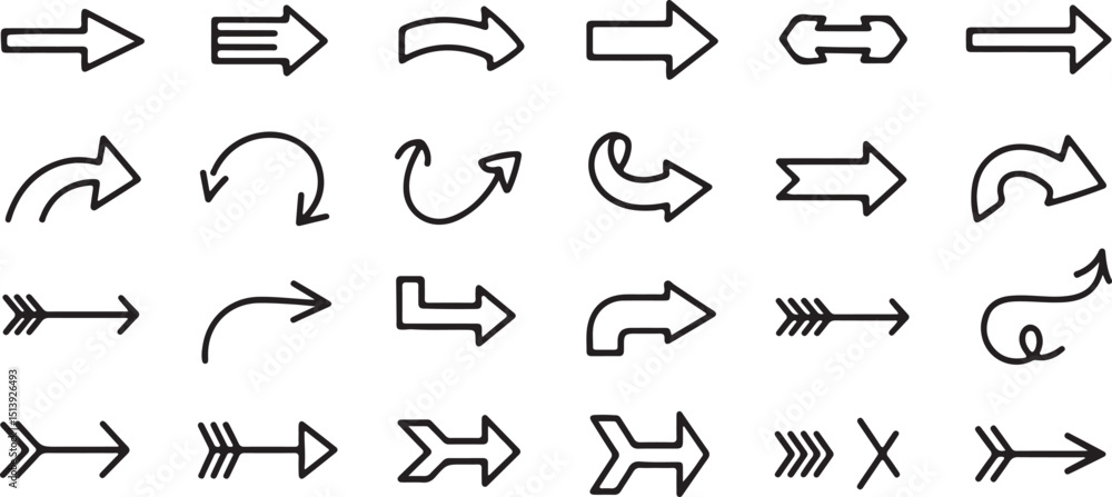 Diverse collection of black and white arrow icons illustrating various directions and concepts Diverse collection of black and white arrow icons illustrating various directions and concepts