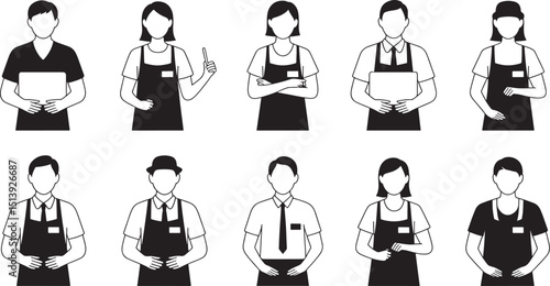 Silhouette Illustration of Diverse Service Staff in Aprons Against a Solid Black Backdrop for Professional Visuals