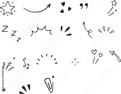 Hand-drawn Doodle Design Elements Vector Pack: Cute Arrows, Stars, Hearts, and Annotation Symbols. Perfect for Social Media, Planners, Notes, and Whimsical Digital Designs.