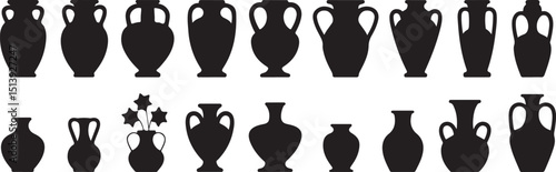 Elegant collection of silhouetted ancient greek amphora vases in black and white illustration