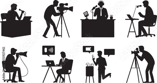 Silhouette Vector Set Featuring Media Professionals in Action on a Solid for Versatile Use