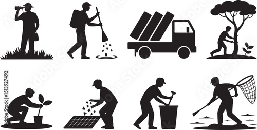 Silhouette Vector Set of Environmental Workers in Action on a Solid  for Design and Illustration