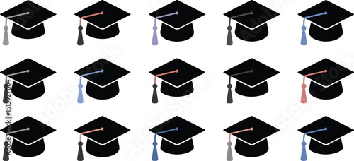 Illustration of multiple graduation mortarboards showing different color tassels and caps