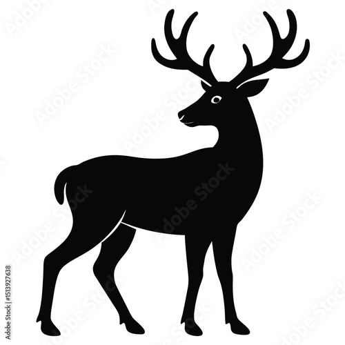 Silhouetted black deer with magnificent antlers standing proud against a white background