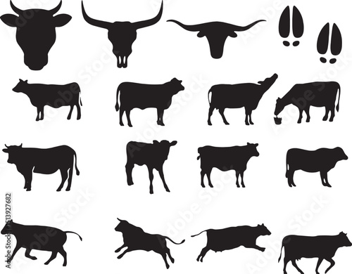 Comprehensive vector set of cattle silhouettes: cows, bulls, Texas longhorn skulls, and hoof prints. Ideal for farm, ranch, meat industry, or Western-themed designs.