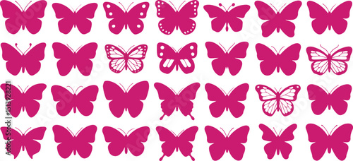 Pink butterflies various designs silhouettes arranged in a grid pattern on white background