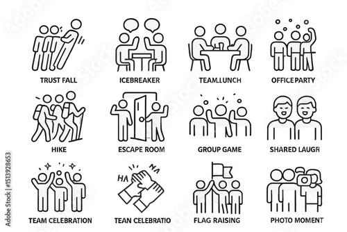 Group activities icons: teamwork, bonding, games, celebration, social events