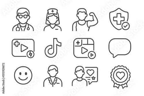 Healthcare and media icons set with cross, nurse, and doctor illustrations