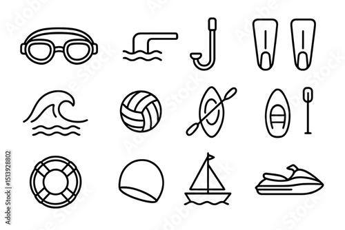 Water sports icons: swimming, surfing, kayaking, snorkeling, sailing equipment