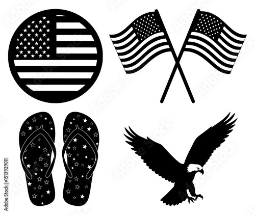 Black and white patriotic american symbols circular flag crossed flags star flip flops and bald eagle silhouette collection