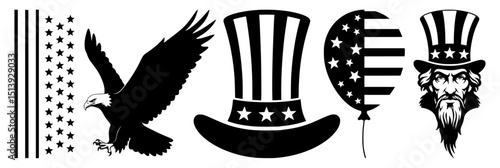 Black patriotic american symbols set with eagle uncle sam hat flag balloon and bearded man silhouette icons isolated on white background