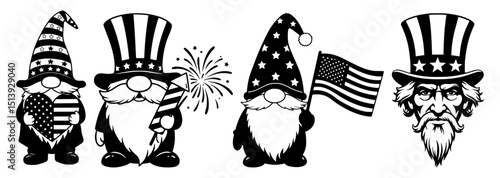 Patriotic gnomes celebrating independence day with american flag fireworks and uncle sam character