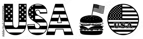 Black and white patriotic american food and text designs with usa letters burger with flag and circular emblem