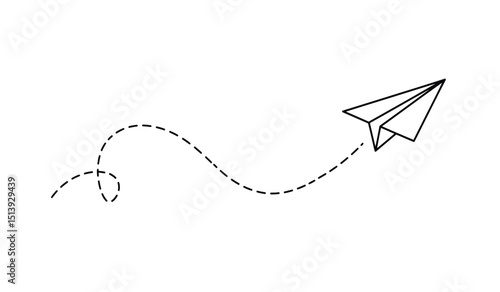 Paper plane with dotted line travel and route symbol in line style, Origami paper airplane, Black linear paper plane icon.