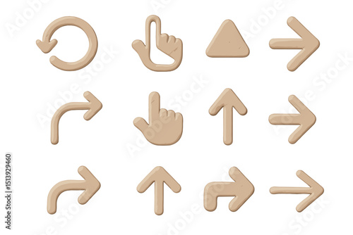 Collection of minimalistic clay directional icons with arrow and gesture designs