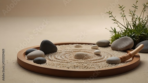 Zen Garden Composition for Meditation and Relaxation Practice on Beige Background