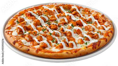 A whole buffalo chicken pizza with a creamy white sauce drizzle on a white plate isolated on black isolated on transparent background