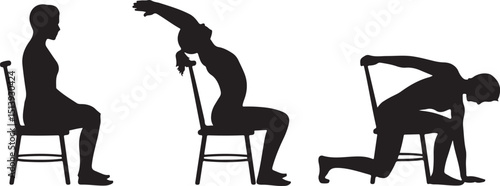 Silhouette of a person stretching and exercising in different poses on a chair