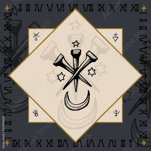 three nail pin moon star religious symbol design engraving vector illustration in vintage old medieval style