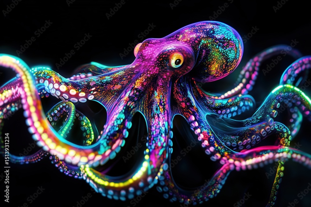 Obraz premium Futuristic glowing neon octopus with colorful tentacles in fantasy ocean artwork