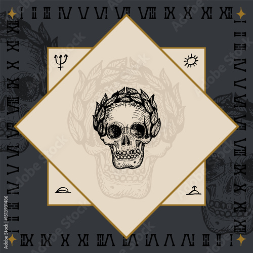 human skull bone with laurel bay wreath alchemical symbol design engraving vector illustration in vintage old medieval style