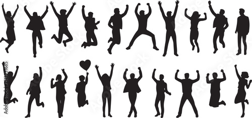Silhouetted people in various poses conveying joy excitement celebration and freedom