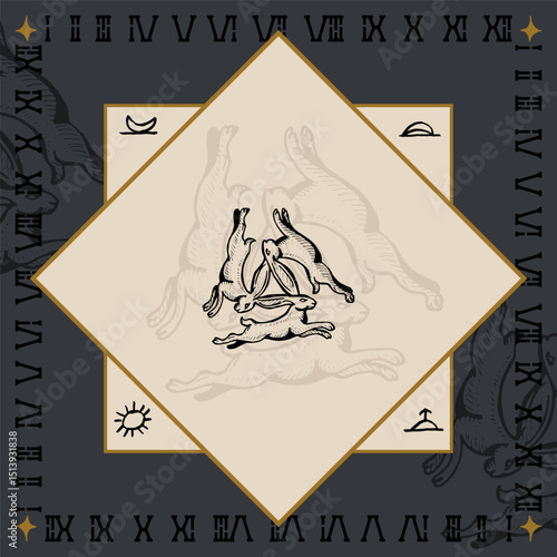 three rabbits hares alchemical symbol design engraving vector illustration in vintage old medieval style