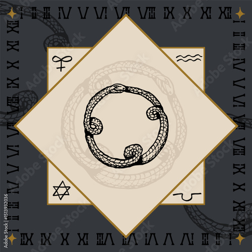 ouroboros snake eat tail ancient alchemical symbol design engraving vector illustration in vintage old medieval style