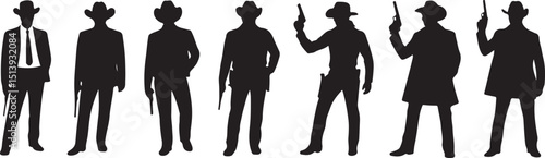 Silhouetted western cowboys and gunslingers with hats and pistols isolated on white background