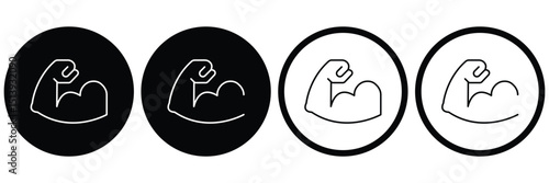 Muscle icon. Bicep symbol. Strong arm vector illustration. Gym logo. Bodybuilding fitness concept. Muscle liner icon vector set. Muscles icon set, strong arm of an athlete, Linear Hand icons, biceps. 