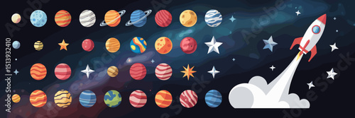 Vector icon sheet of planets, stars, and rocket launch in deep space – Suitable for astronomy, science education, or technology content.