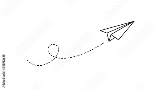 Paper plane with dotted line travel and route symbol in line style, Origami paper airplane, Black linear paper plane icon.