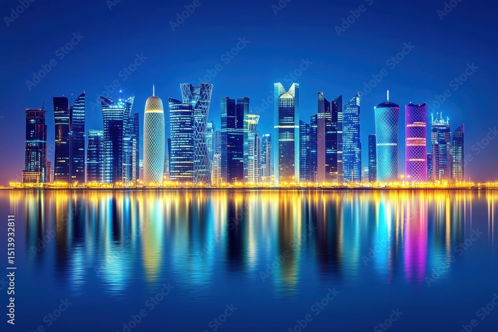Fototapeta premium Modern illuminated city skyline with glowing reflections in night water