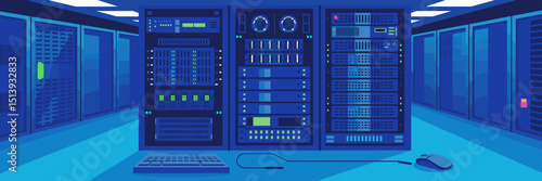 Server rack with spinning fans and green light in server room – Vector illustration