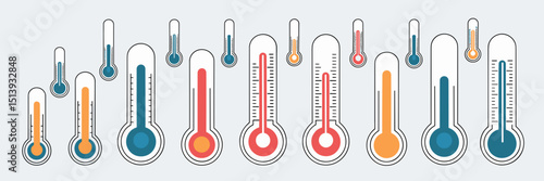 Vector sheet of thermometers with varying scales and colors – Suitable for scientific, educational, or medical graphics