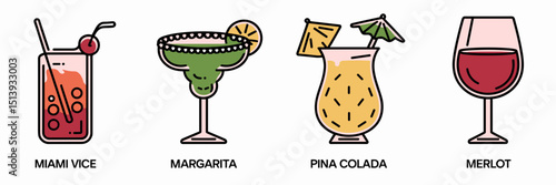 Vector icon sheet of four tropical cocktails with names – ideal for cocktail menus, summer promotions, or party invitations