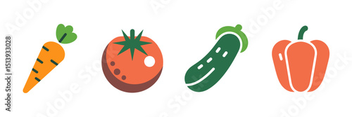 Vector icon sheet of carrot tomato cucumber and bell pepper with names – ideal for cooking apps, food packaging, or gardening guides
